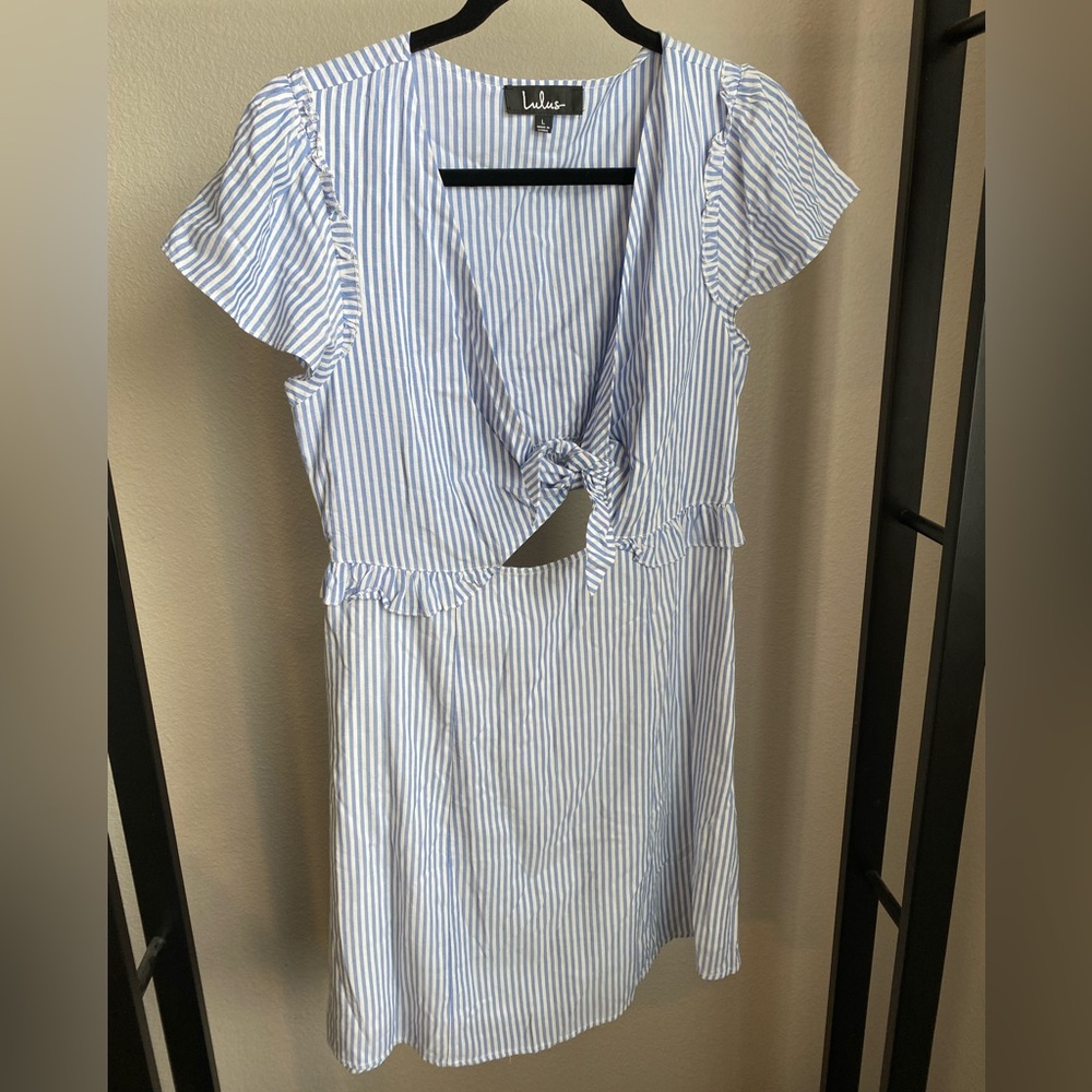 Lulu’s Women’s Seaport Blue & White Striped‎ Cutout Mini Dress Size Large